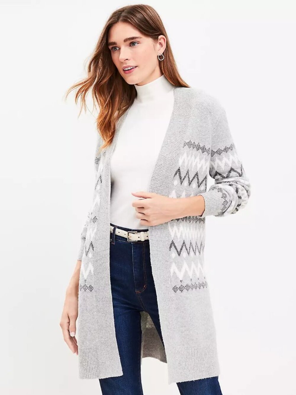 NWT Ann Taylor LOFT Size Medium Gray Fair Isle Longline Long Cardigan Sweater